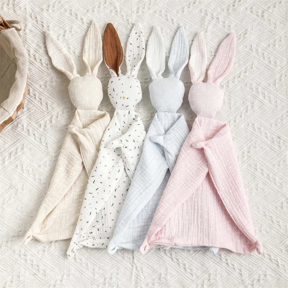 Bunny Security Blanket for Baby Boy Girl Soft Breathable Muslin Cotton Polka Dot Stuffed Toy For Newborns