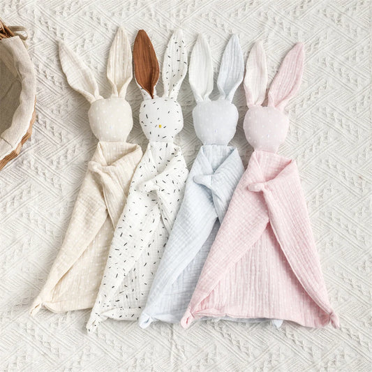 Bunny Security Blanket for Baby Boy Girl Soft Breathable Muslin Cotton Polka Dot Stuffed Toy For Newborns