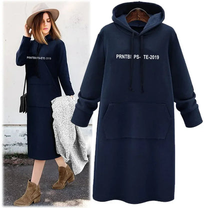 Plus Size Loose Print Hoodie Dress (Mid-Length)