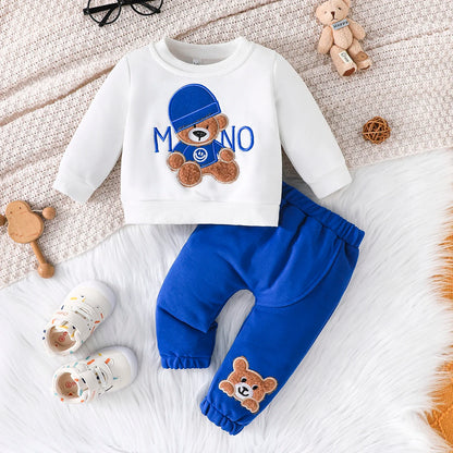Casual Cartoon Bear Long Sleeve Tee & Navy Pants Set