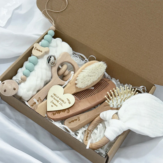 Custom Baby Name Gift Set: Rattle, Teether, Brush & More (8 pcs).