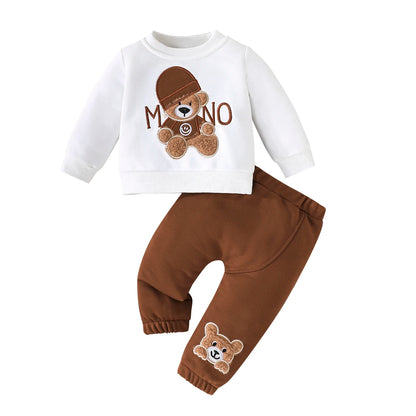 Casual Cartoon Bear Long Sleeve Tee & Navy Pants Set