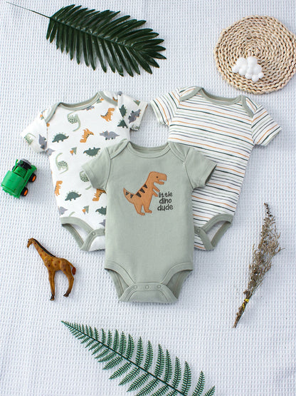 Cute Cartoon Dinosaur & Stripe Pattern Bodysuits (3 PCS)
