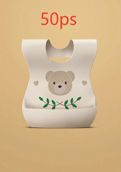 50-Pack Disposable Baby Bibs | Waterproof Cartoon Bear Travel Set