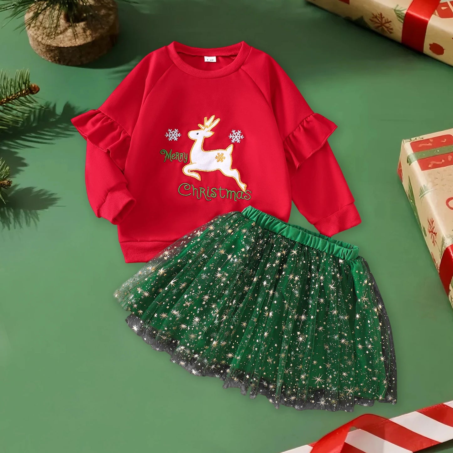 Long Sleeve Reindeer Embroidery Tutu Outfit