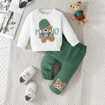 Casual Cartoon Bear Long Sleeve Tee & Navy Pants Set