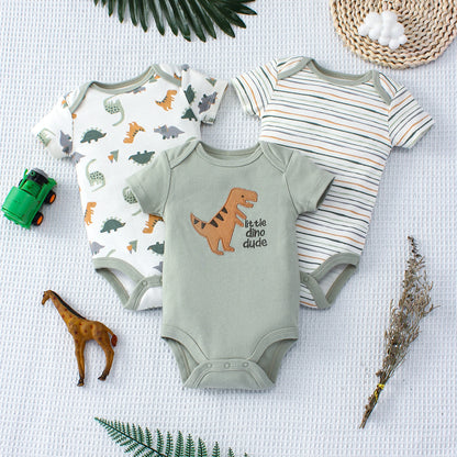 Cute Cartoon Dinosaur & Stripe Pattern Bodysuits (3 PCS)