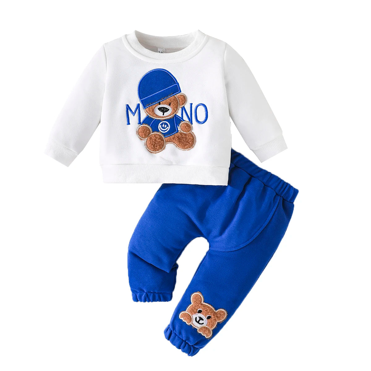 Casual Cartoon Bear Long Sleeve Tee & Navy Pants Set