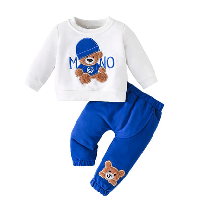 Casual Cartoon Bear Long Sleeve Tee & Navy Pants Set