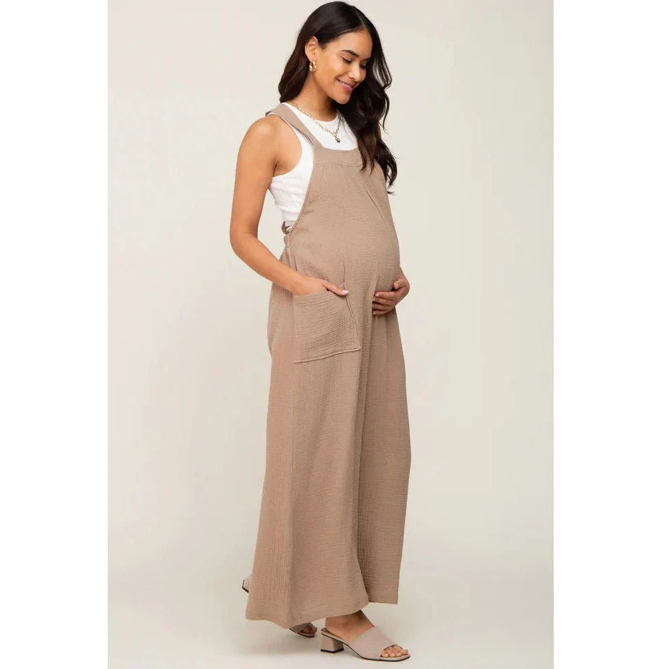 Beige Wide-Leg Maternity Overall Cargo Pants