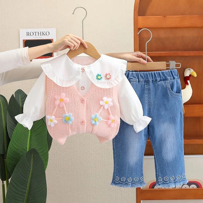 Girls T-Shirt, Floral Vest, & Bow Jeans Set