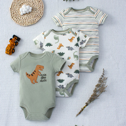 Cute Cartoon Dinosaur & Stripe Pattern Bodysuits (3 PCS)