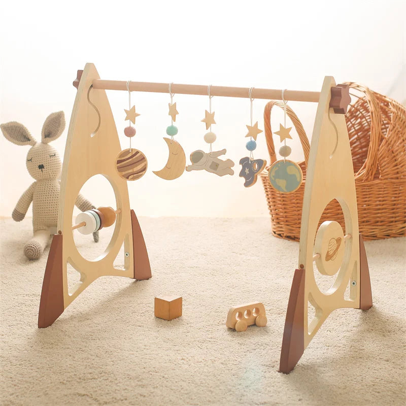 Wooden Rocket Baby Gym Frame with Montessori Celestial Toys