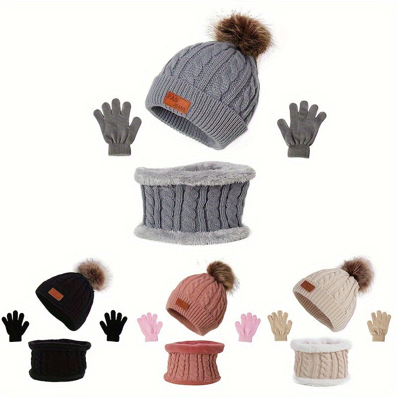 3pc Kids Knitted Thermal Hat, Gloves, & Scarf Set