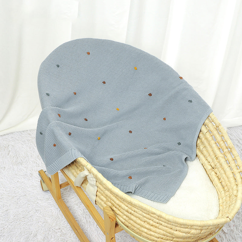 Knitted Solid Color Baby Blanket with Pom Poms